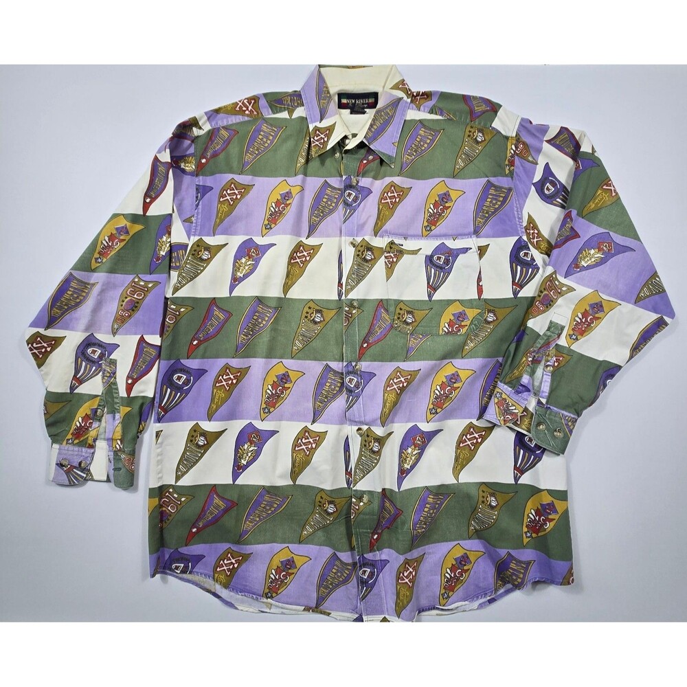 Vintage New River Mens Large Button Up Shirt Allover Pennant Print 90s Retro